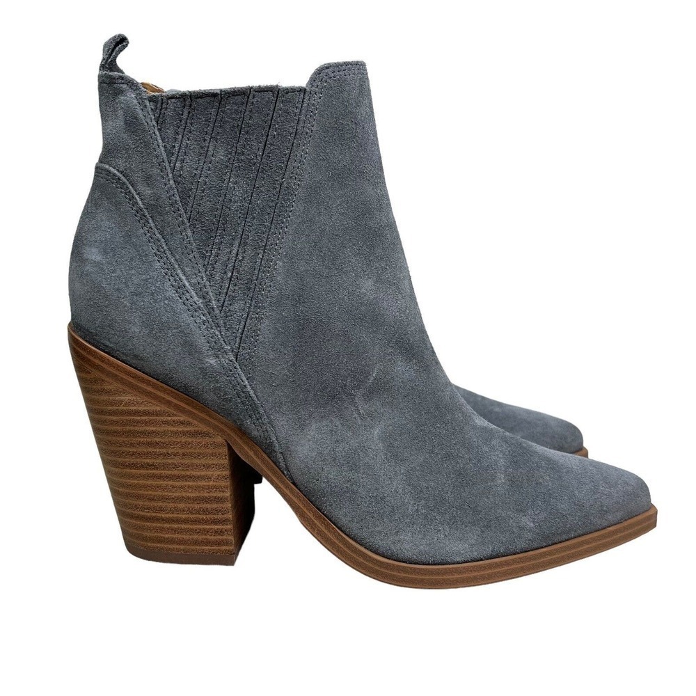 Marc Fisher Gadri Boots Suede Block Heel Pull Up Gore Panel Gray Women Sz 8.5M